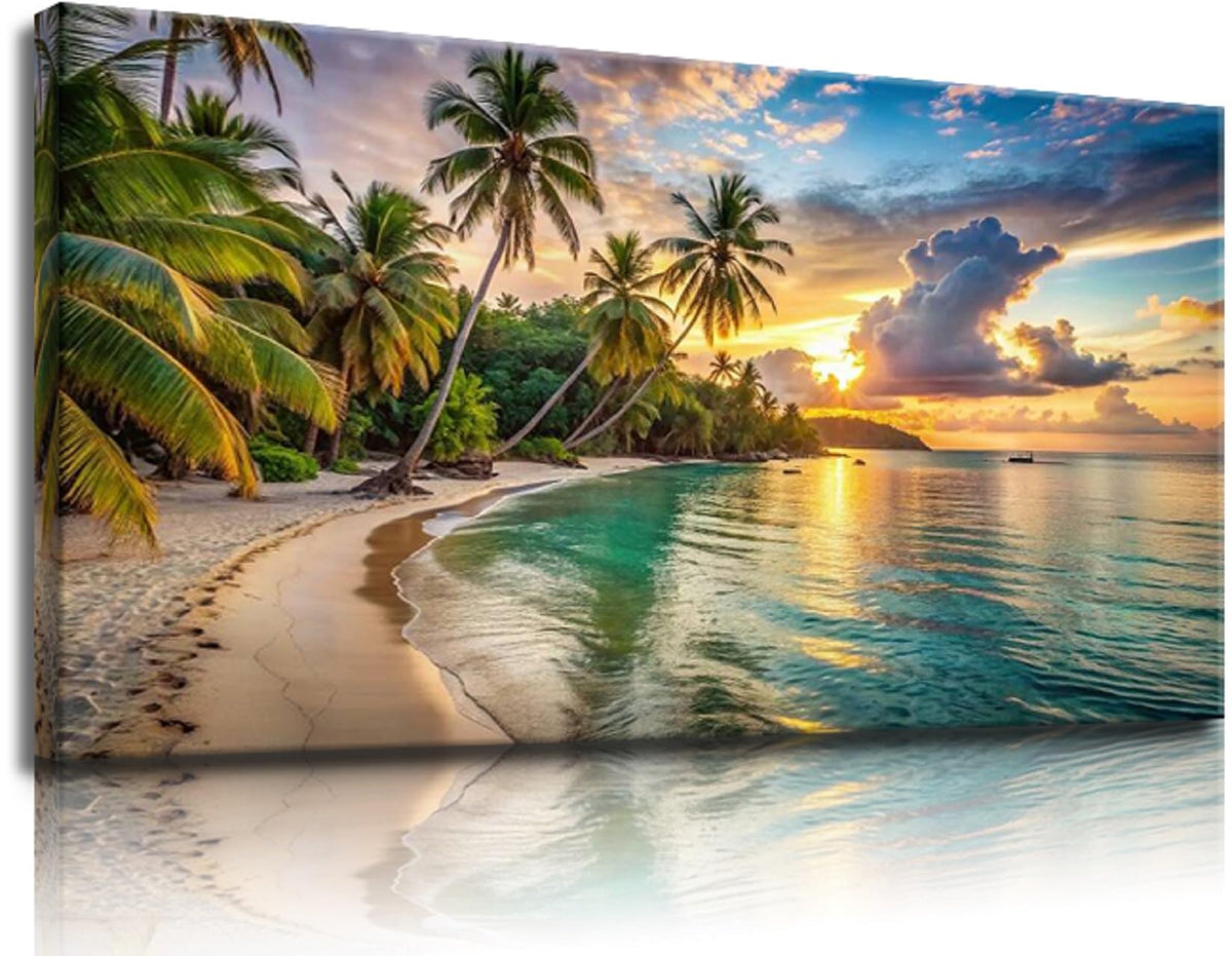 Sunset Beach Canvas Wall Art Coastal Picture Tropical Artwork Ocean Decor Seascape Paintings Landscape Prints Framed for Bedroom Living Room Wall Art Kitchen Bathroom Home Office Decor (2BeaP01 / 40"L x 20"W)