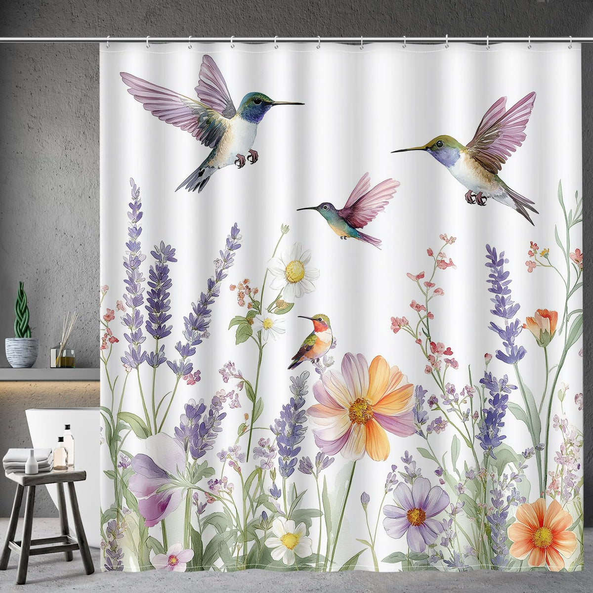 Hummingbird Shower Curtain Wildflower Lavender Daisy Garden Flower Watercolor Nature Floral Spring Bathroom Decor Bathtub Curtain Fabric Shower Curtain Set with 12 Hooks (Hummingbird Floral Garden / 72"W x 72"L (Pack of 1))