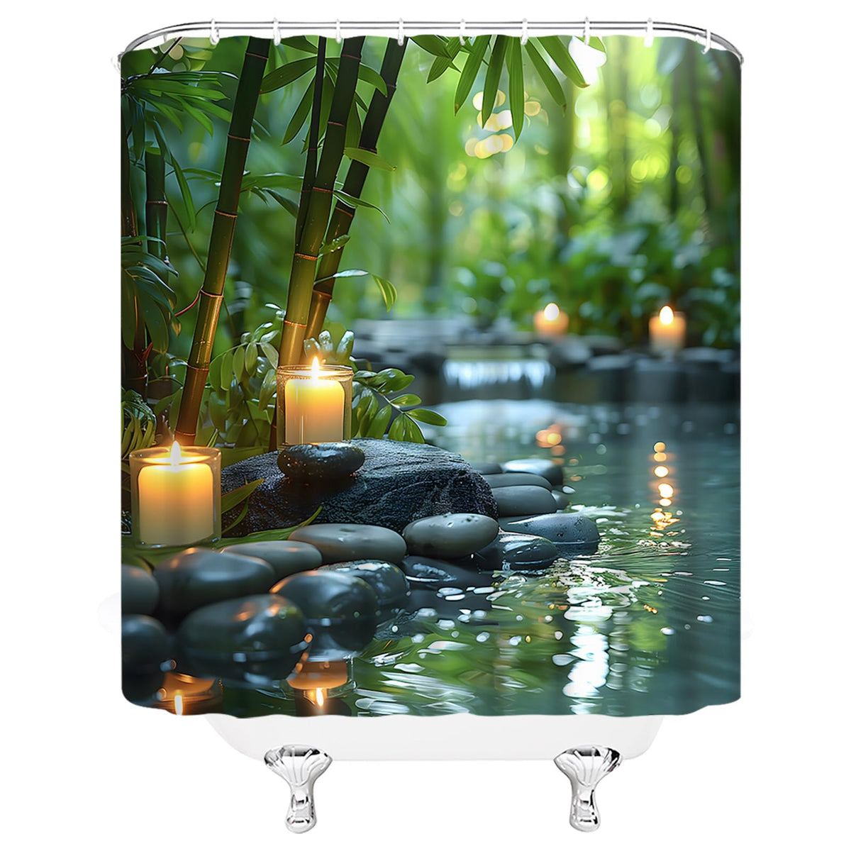 Zen Spa Shower Curtain Bamboo Stone Candle Nature Water Reflection Calming Meditation Fabric Bathroom Decor Set with Hooks (Green Black / 70"W x 74.8"L (Pack of 1))