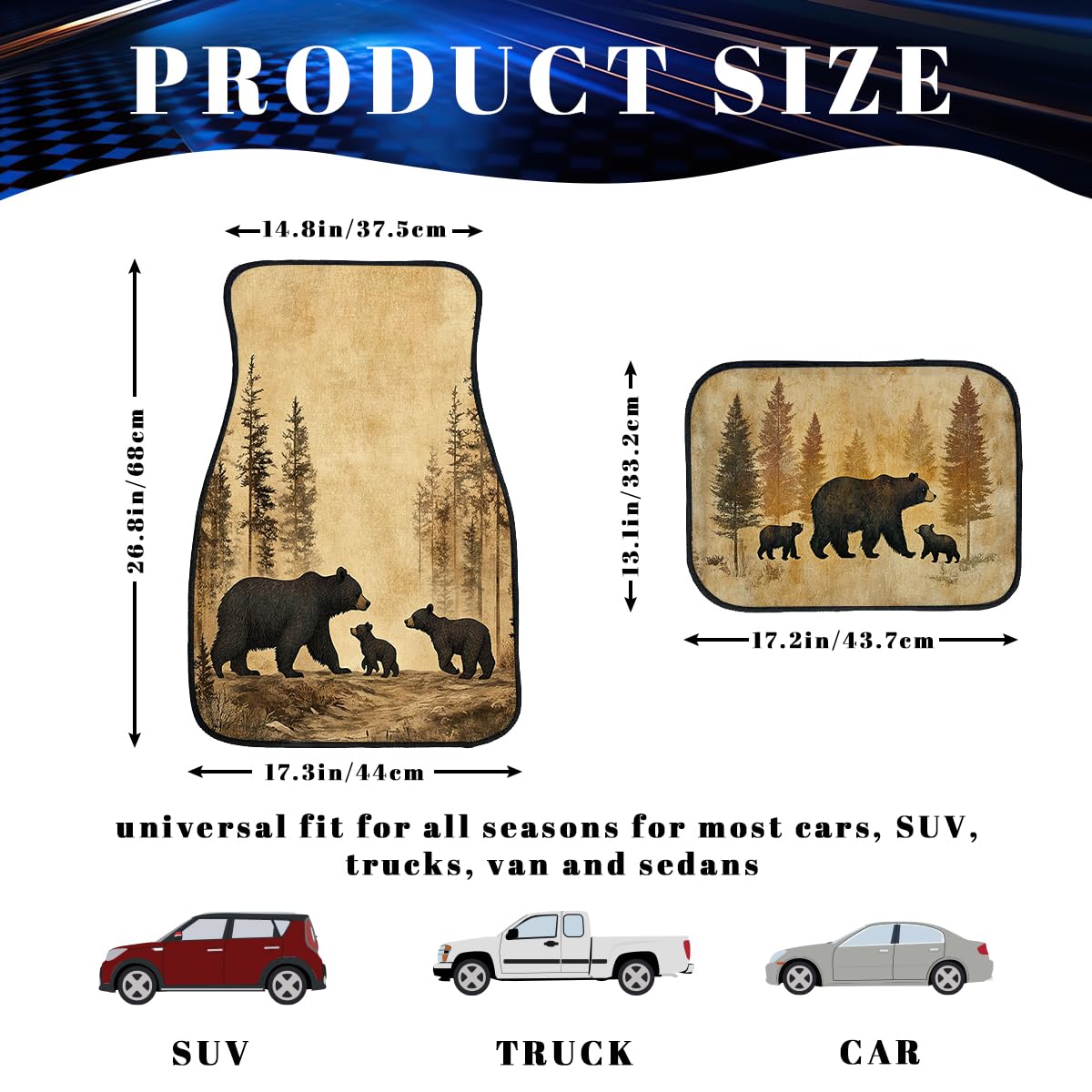 Black Bears Car Floor Mats Set of 4 Old Fashioned Fabric Pine Forest Carpet Front Rear Carpets Mat Non (26.8"L x 17.3"W x 0.4"Th / Black Bears)