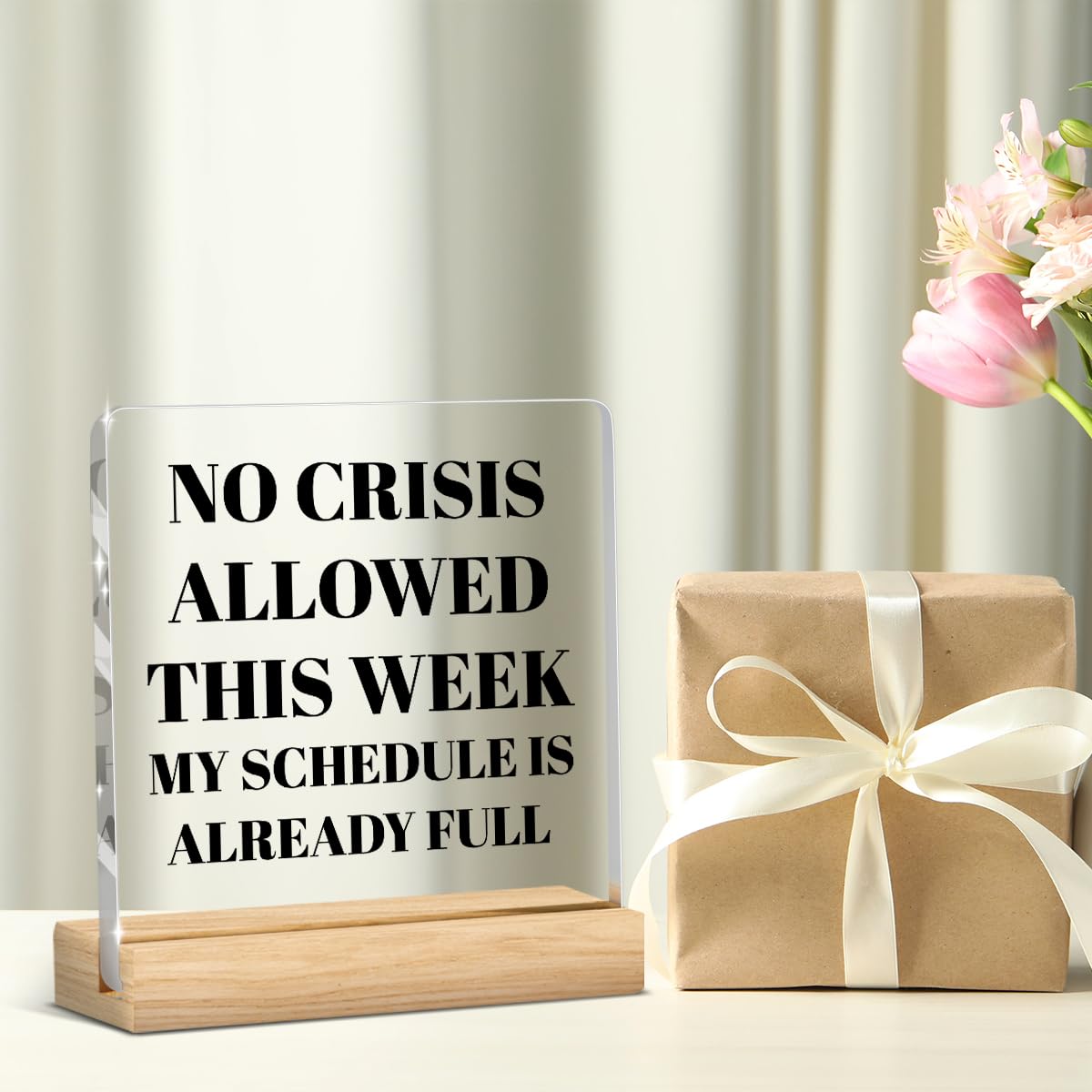 Funny Office Desk Decor No Crisis Allowed This Week My Schedule is Already Full Coworker Gifts (Crisis / Wooden base acrylic)