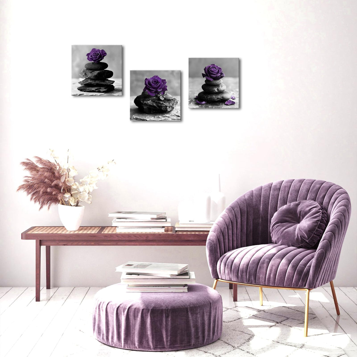 Rose Flowers Wall Art Zen Stones Picture Canvas Print Framed Modern Meditation SPA Room Bathroom Wall Decor (Purple)