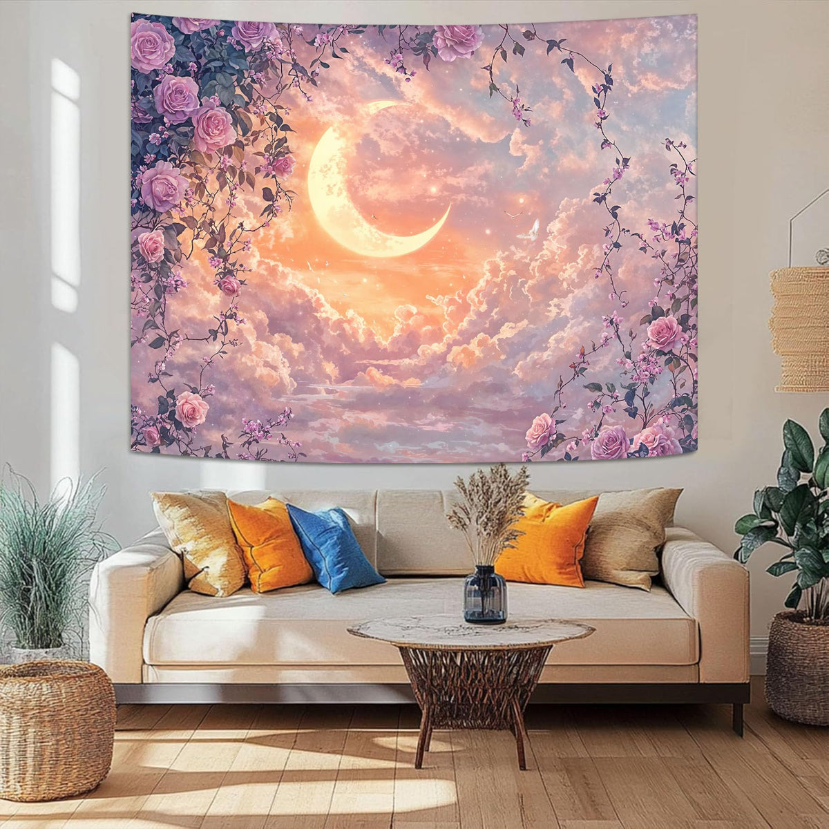 Pastel Rose and Moon Tapestry (90"L x 70"W / Purple Yellow)