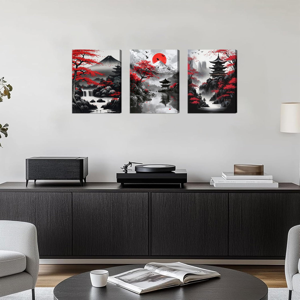 Japanese Wall Art Set of 3 (Black / 16"L x 12"W)