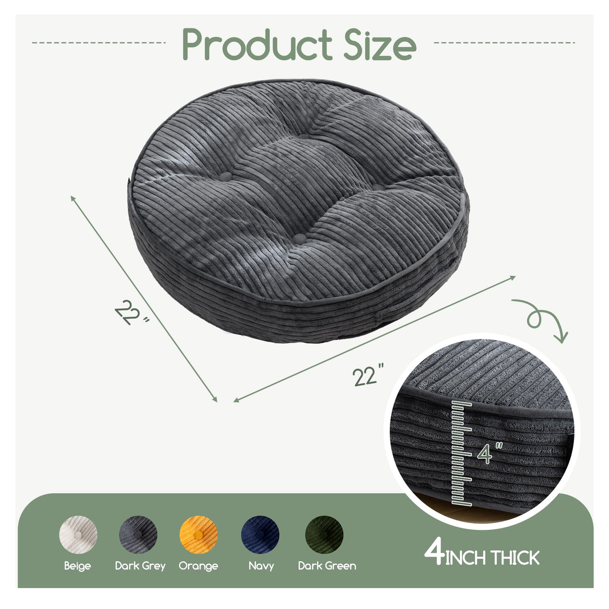 Floor Pillow Cushion for Adults (Round Dark Grey / 4" Thick(Pack of 1))