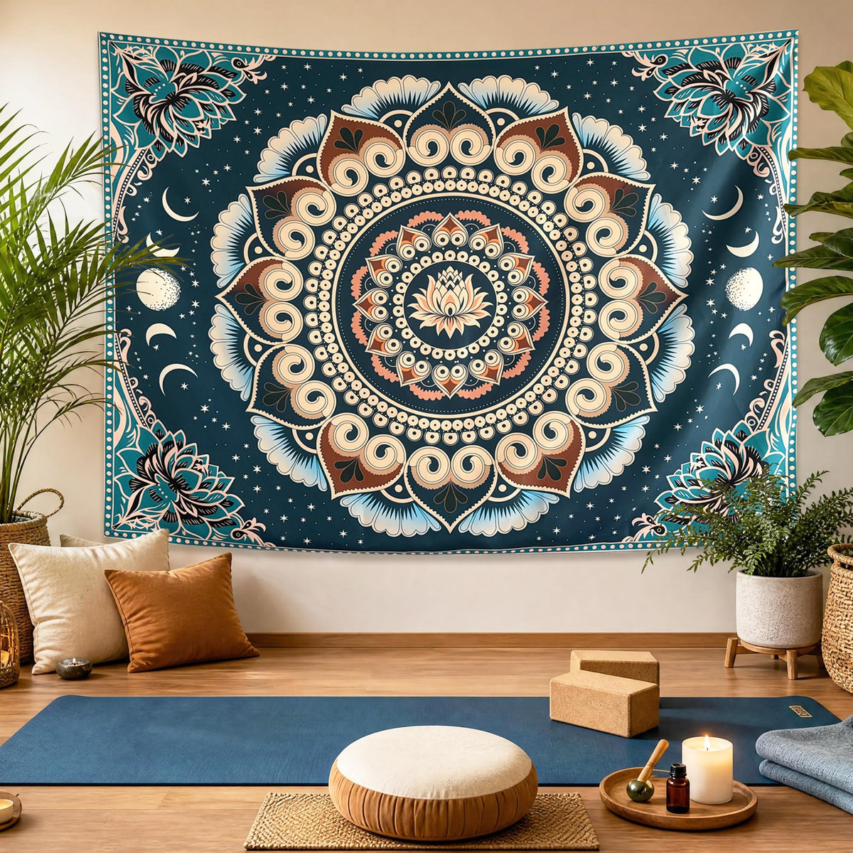 Blue Boho Lotus Mandala Tapestry Wall Hanging for Bedroom 60 x 44 Inch (Blue / 60"L x 44"W)