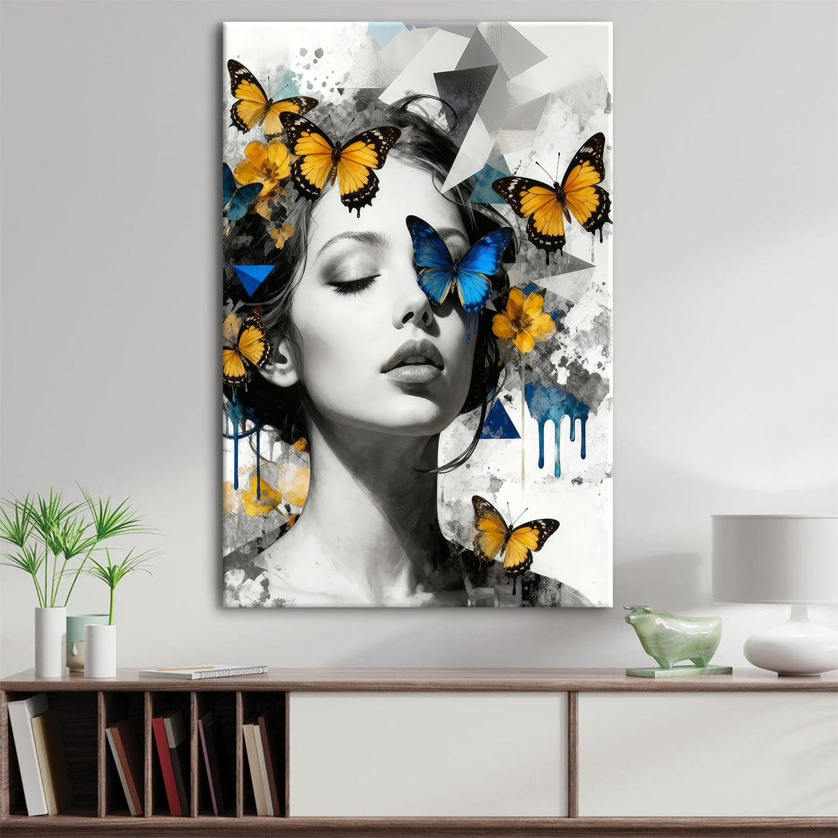 Women Butterfly Wall Art Abstract Feminine Canvas Artwork for Bedroom Black and White Woman Portrait Prints Paintings Yellow Blue Butterfly Posters for Living Room Bathroom Home Decorations 24x36" (36"L x 24"W / Women)
