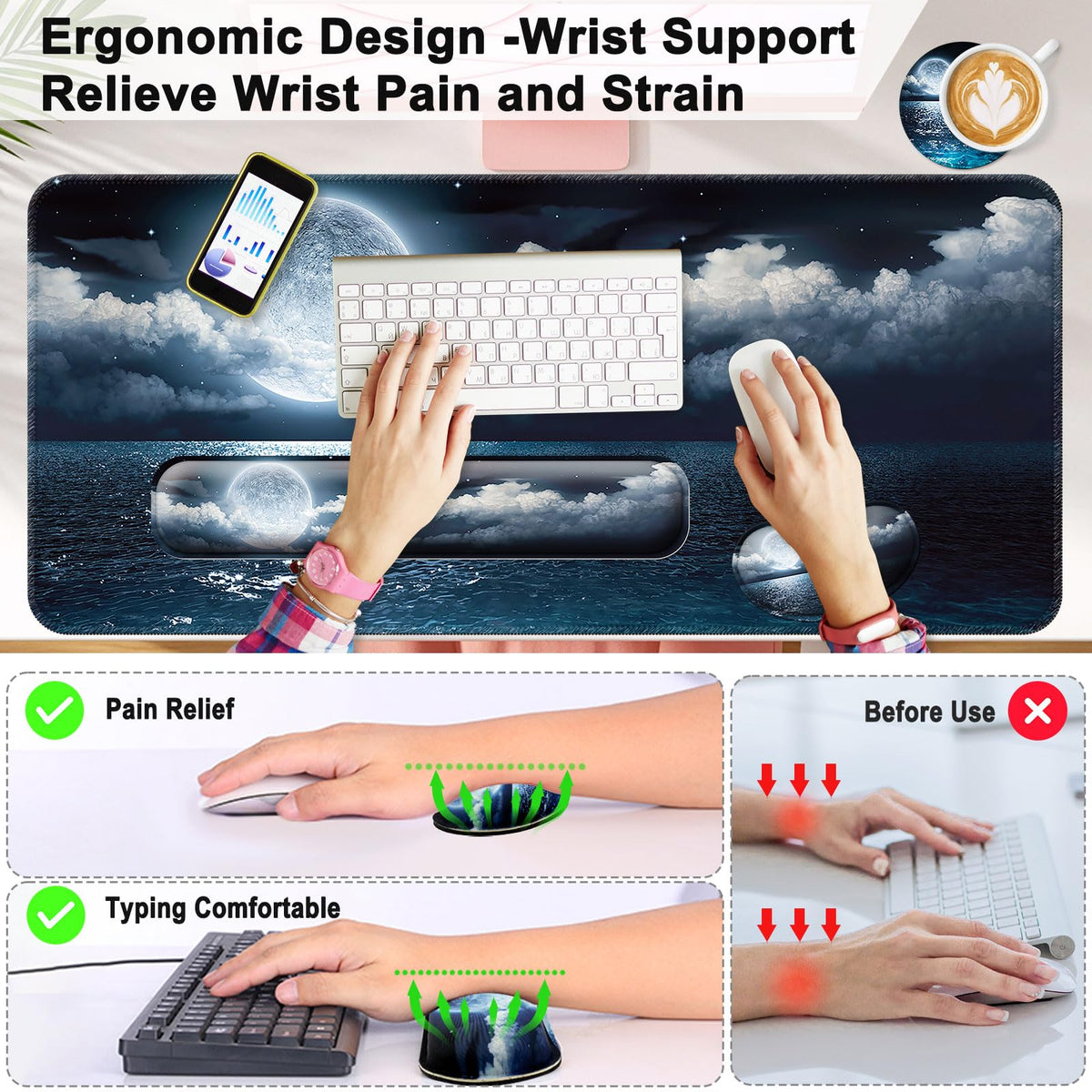 4 in 1 Mouse Pad and Keyboard Wrist Rest (A3-moon Ocean)