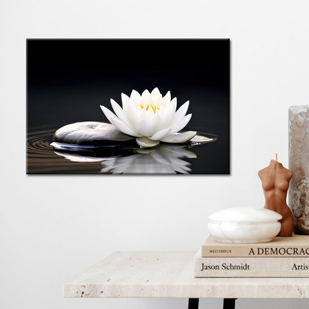 Zen White Lotus Flower Wall Art Black and White Lotus on Spa Stone and Water Picture Canvas Print Artwork for Yoga Meditation Room Bathroom Wall Decor (Artwork 01 / 36"L x 24"W)