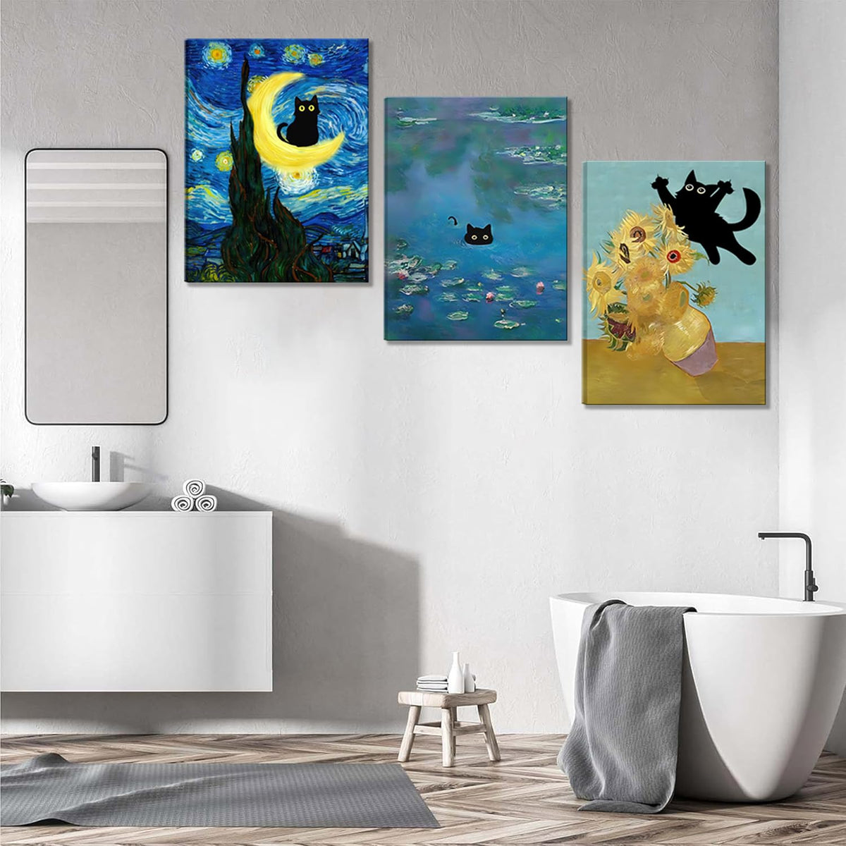 Funny Black Cat Wall Art Monet Cat in Water Lilies Canvas Wall Decor Van Gogh Starry Night Sunflower Aesthetic Pictures Paintings Prints for Bedroom Living Room Bathroom 12x16 in Framed (Cat canvas / 16L"x12W")