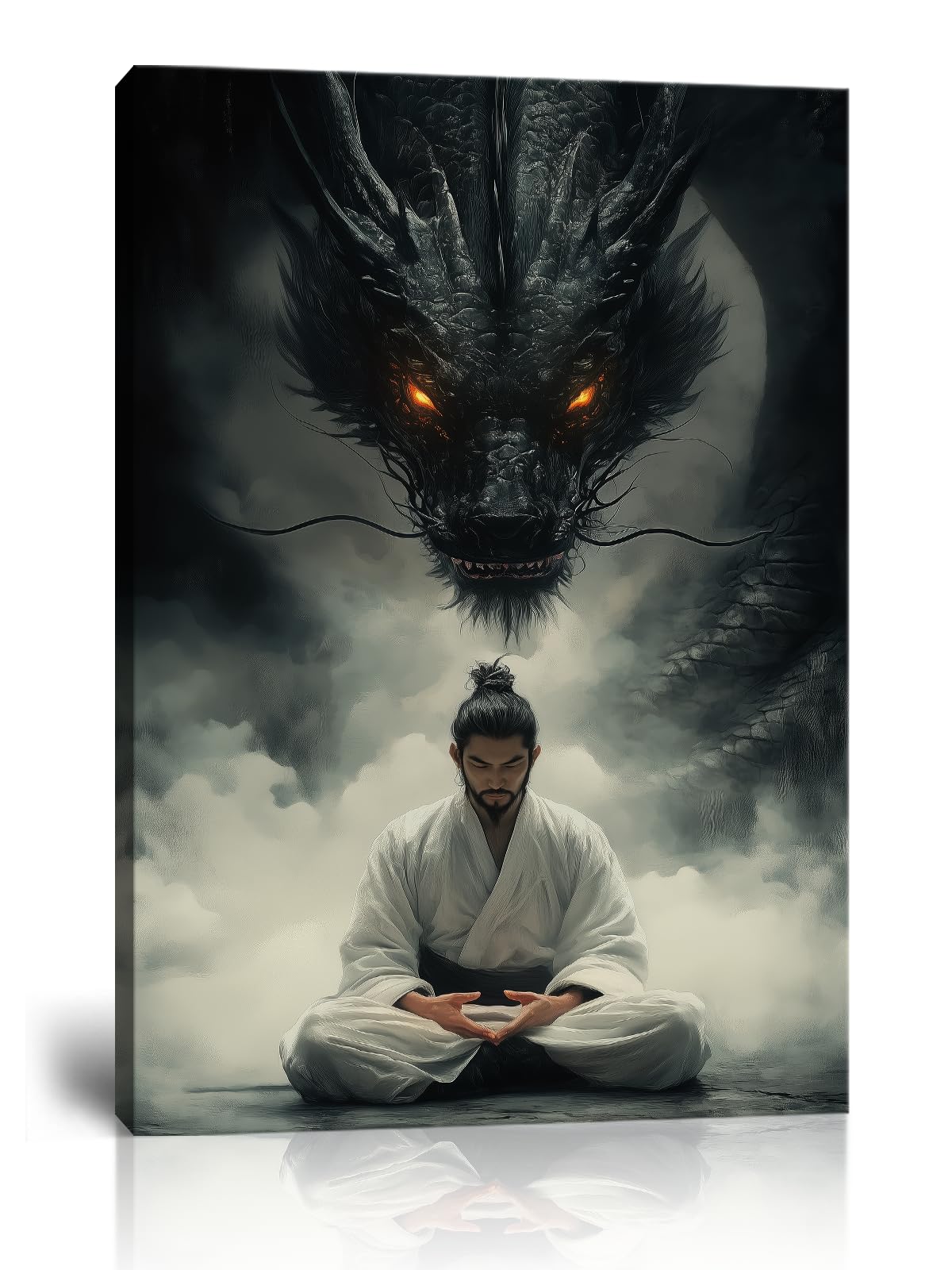 Meditating Samurai & Black Dragon Canvas Wall Art (24"L x 36"W / Samurai6)