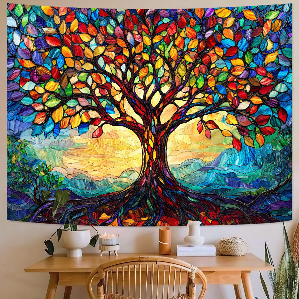 Tree of Life Tapestry Stained Glass Tapestry Wall Decor Tapestries for Bedroom Art Tapestries Wall Hanging for Bedroom Living Room Glass (60"L x 44"W / Colorful Blue)