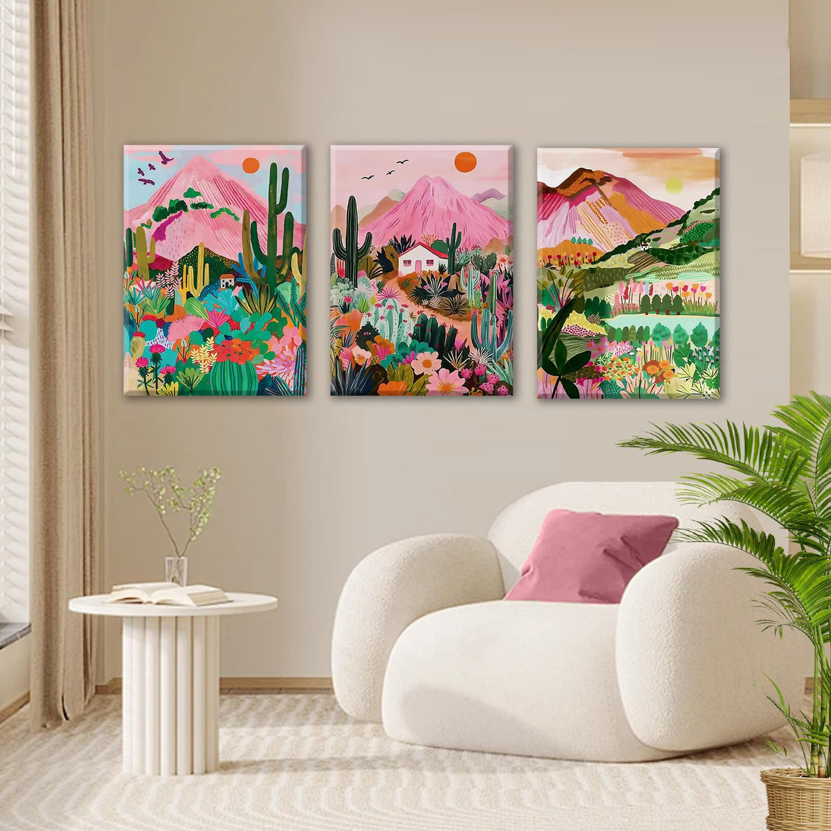 3Pcs Abstract landscape wall art with vibrant colors (Pink cactus / 16X24inch)