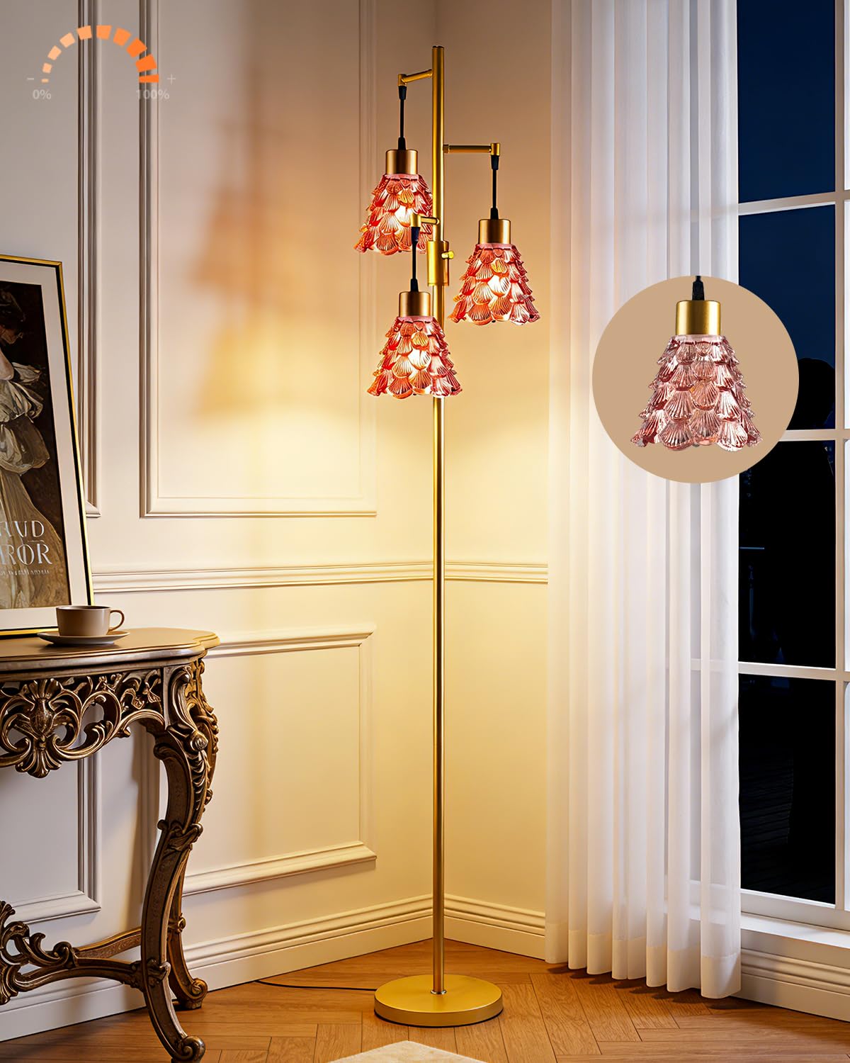 Glass Floor Lamp 3 (3 Deep Red Horn-Gold)