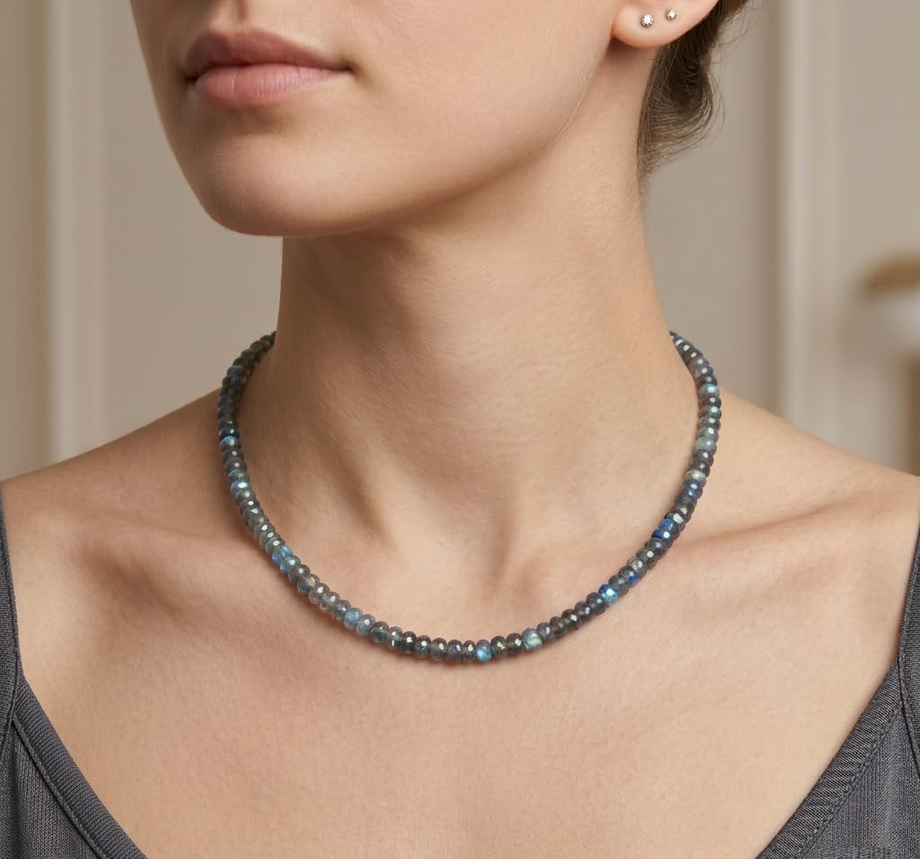 Blue Fire Faceted Labradorite Beads 16 Inch Beaded Necklace with Additional 2 inch 92.5 Sterling Silver Extension. Bead Size Varies from 2mm to 5mm (Blue Fire Natural Labradorite)