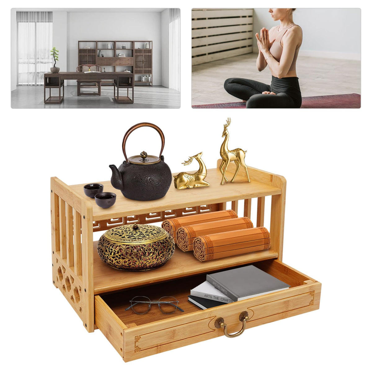 Altar Table Meditation Table with 1 Drawer Coffee Table for Sitting Multi (Wood Color / 52*25*28cm/20.4*9.8*11in)