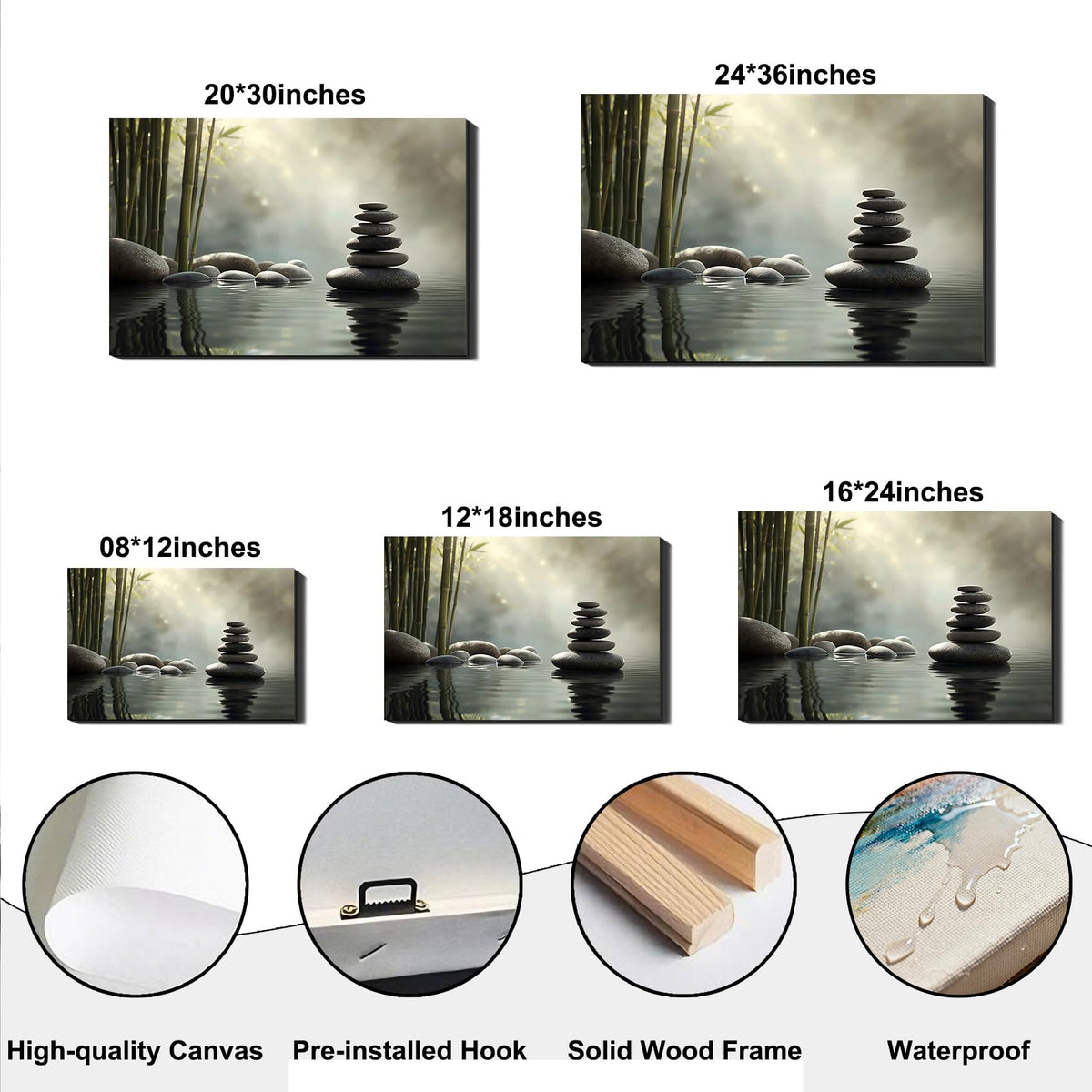 Framed Zen Stone Canvas Wall Art for Bathroom Decor (Pictures12 / 12"L x 8"W)