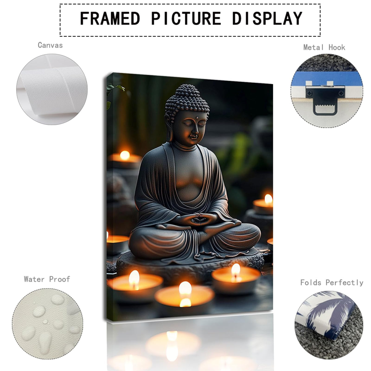 Zen Buddha Canvas Wall Art with Candlelight Print Framed Artwork Poster for Yoga Meditation Room Decor (WE000051-2 / 24"L x 16"W)