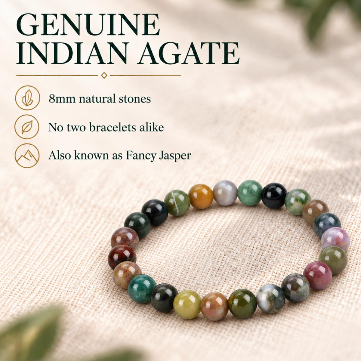 Indian Agate Bracelet 8mm Beaded Bracelet (Indian Agate / Large)