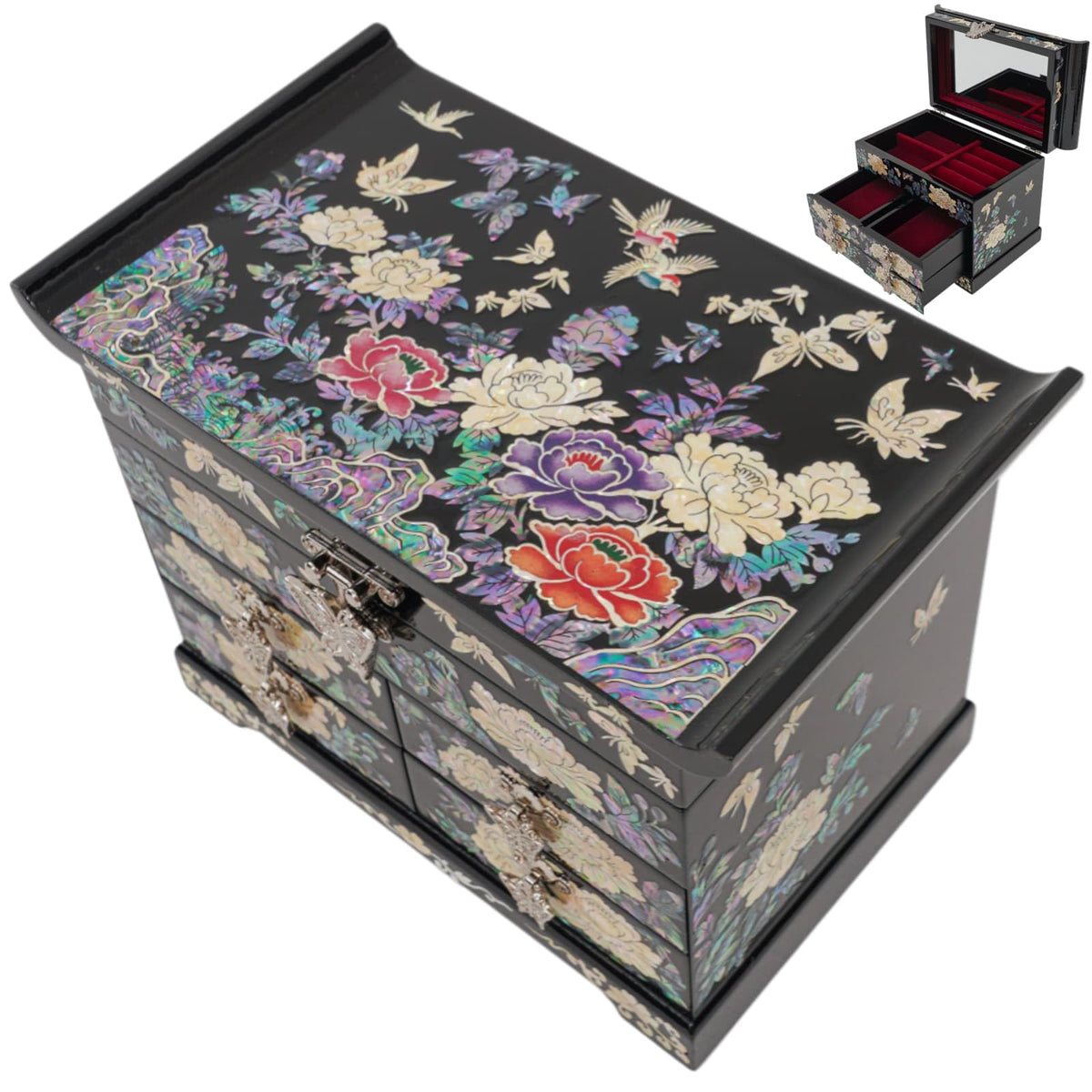 Mother of Pearl Wooden Jewelry Organizer Box (Colorful Flowers)