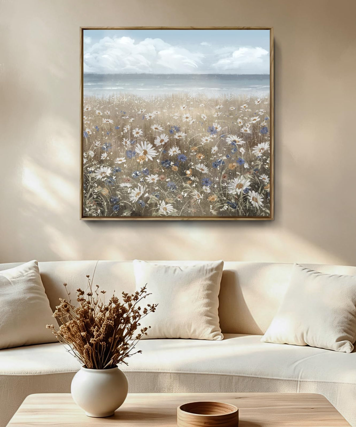 Framed Wall Art for Bedroom Decor Farmhouse Boho Beach Coastal Vintage Floral Ocean Wall Picture Daisy Flowers Sea Canvas Print Nautical Neutral Seascape Artwork for Home Living Room Bedroom Office (Coastal Flower Sea Art / 24"L x 24"W)