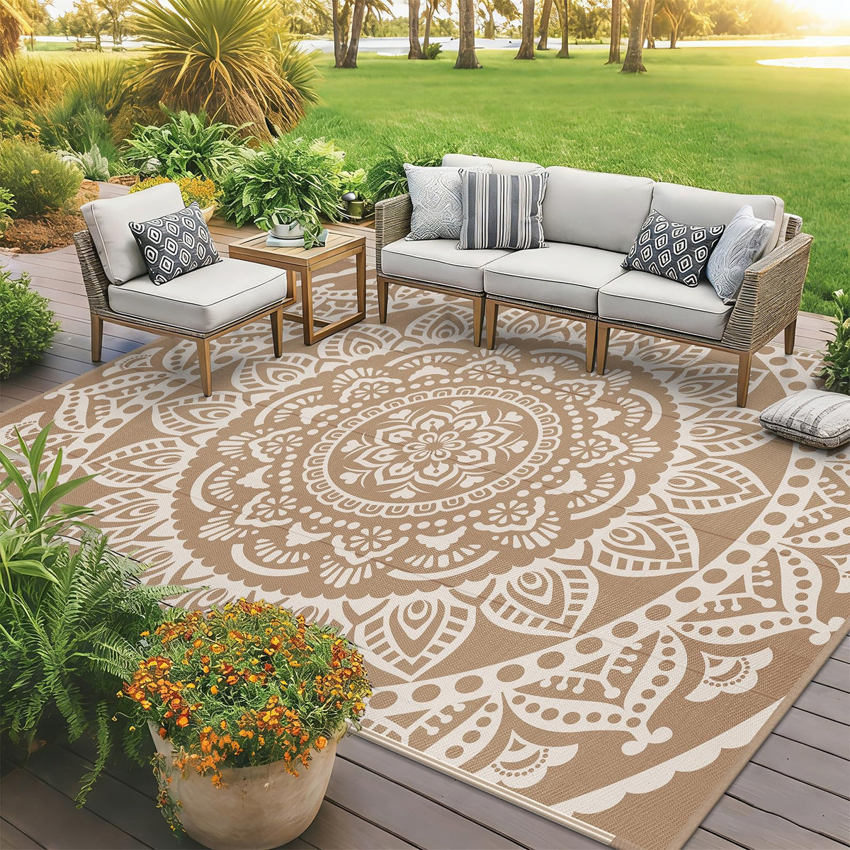 Waterproof Outdoor Rug 8'x10' Brown (Flower Brown / 8' x 10')