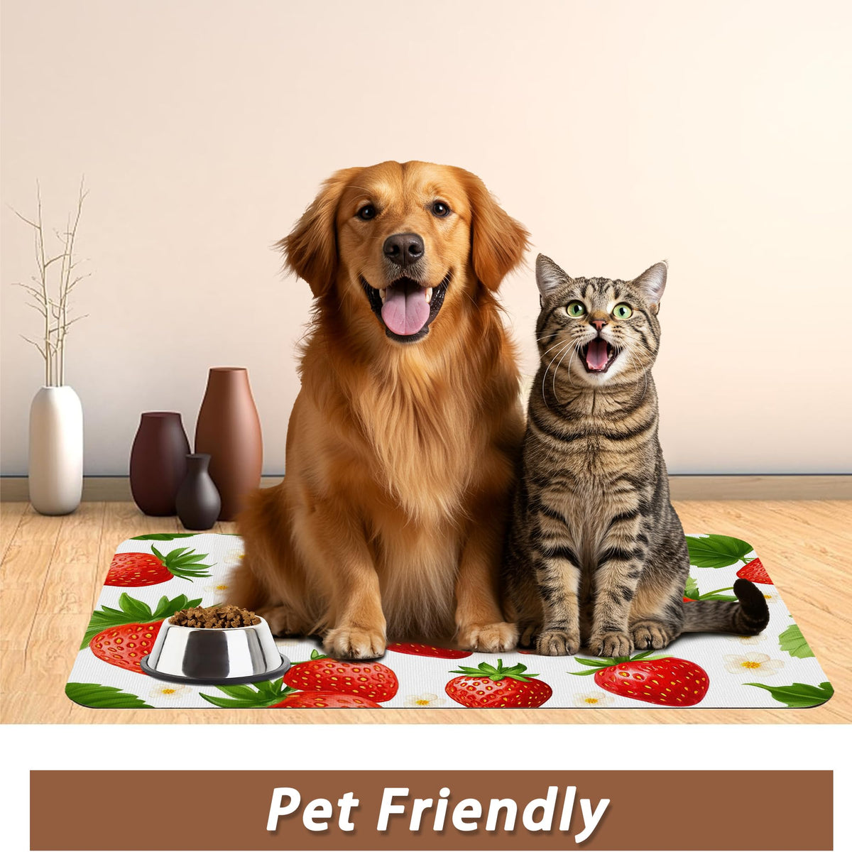 Cute Strawberry Flower Dog Cat Food Mat (16"L x 16"W / Cute Strawberry Flower)