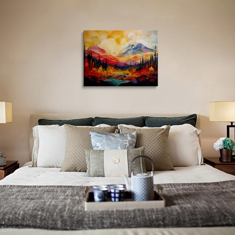 Abstract Mountain Sunset Canvas Wall Art Framed Print Color Block Painting Geometric Peaks with Forest River in Vibrant Warm Cool Tones Modern Nature Wall Decor Artwork 16x24 Inches (Red Mountain Scenery / 24"L x 16"W)