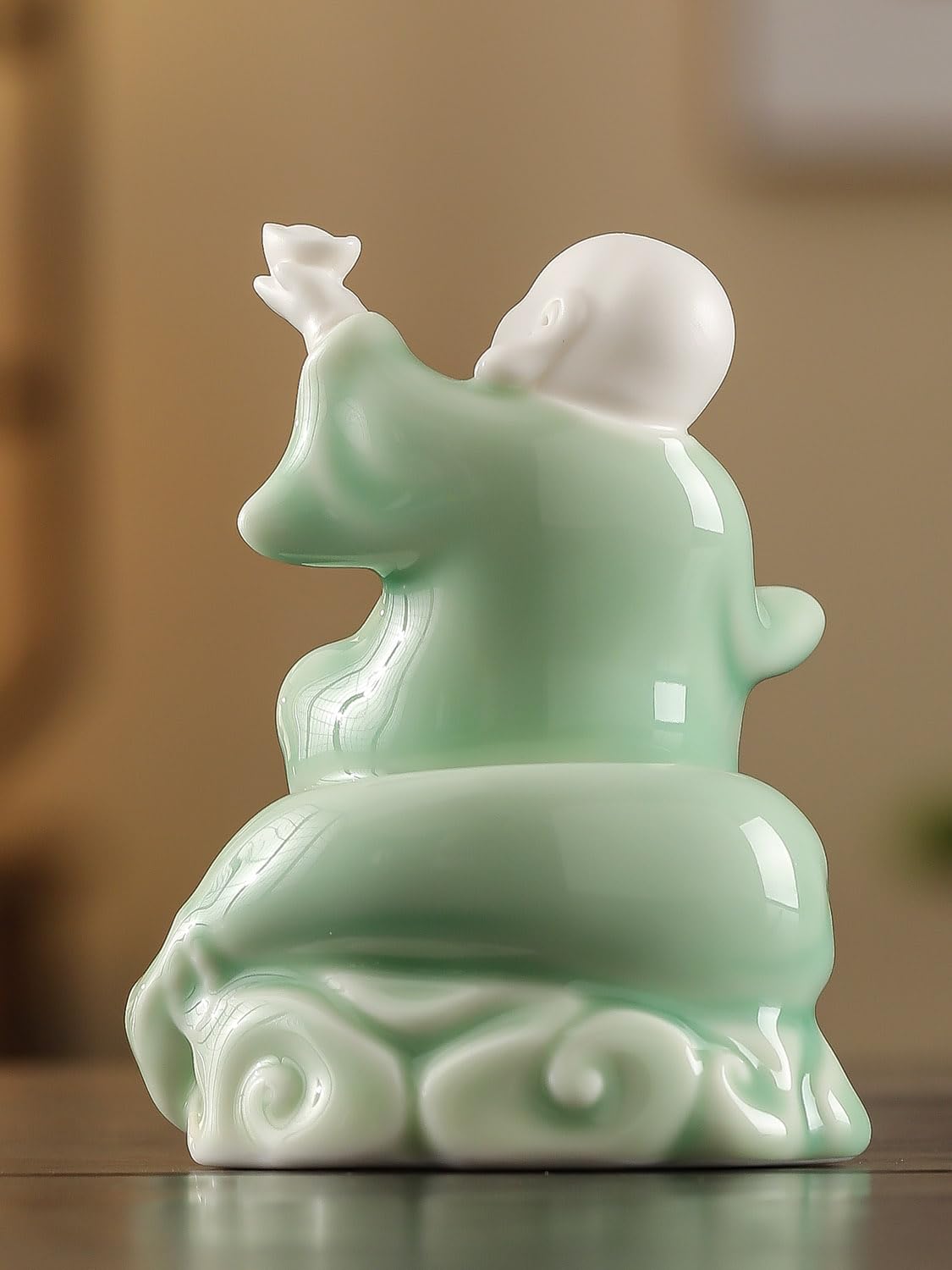 Small Green Laughing Buddha Statue for Good Luck (4.5" G – Holding Ingot)