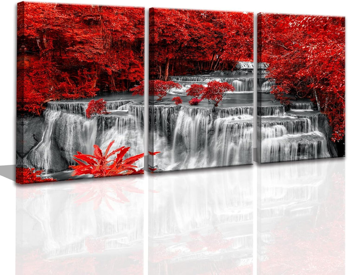 Black White and Red Waterfall Canvas Wall Art Trees Forest Painting Landscape Artwork for Wall Picture Waterfall Prints for Bedroom Living Room Decor Bathroom Wall Art (Black White Red3 / 12"x16"inches x 3 pcs)