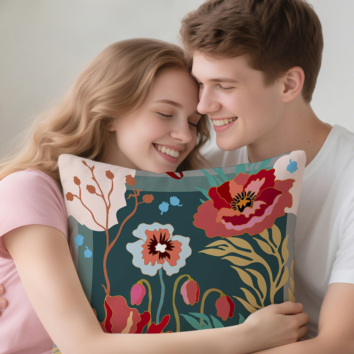 Poppy Flower Pillow Cover Red 18x18 (White-classical-04)