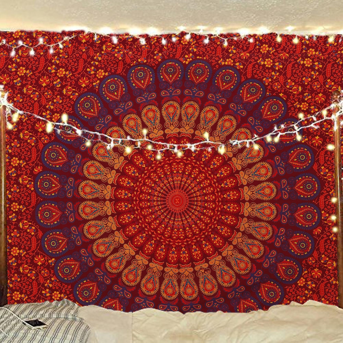 Indian hippie Bohemian Psychedelic Golden Blue Peacock Mandala Wall hanging Bedding Tapestry (Golden Brown Maroon / 60"L x 54"W)