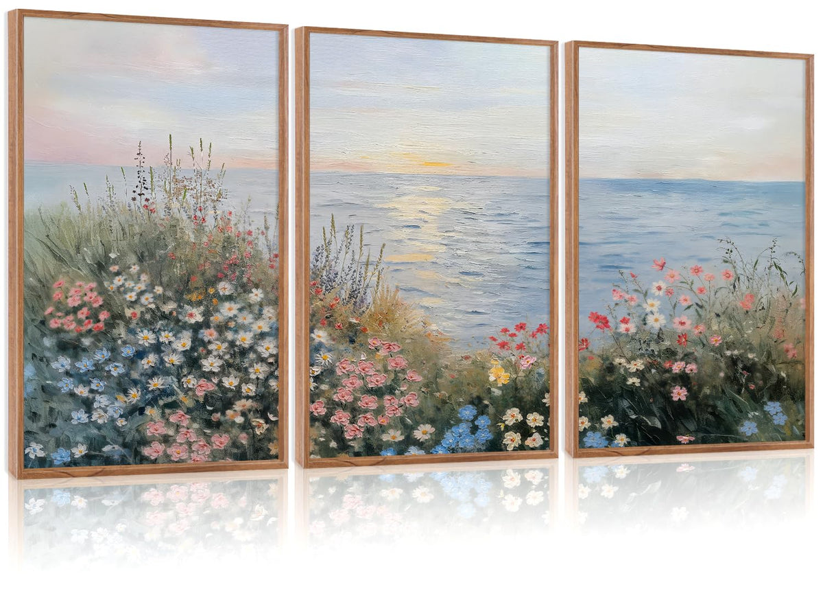 Seaside Floral Framed Canvas Wall Art Set (Floral Sea / 16"L x 24"W)