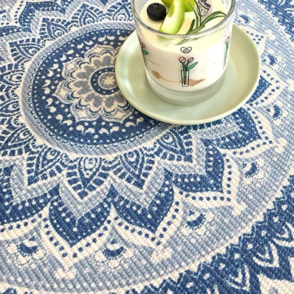 Boho Rustic Round Placemat for Dinning Table with Tassels (Blue)