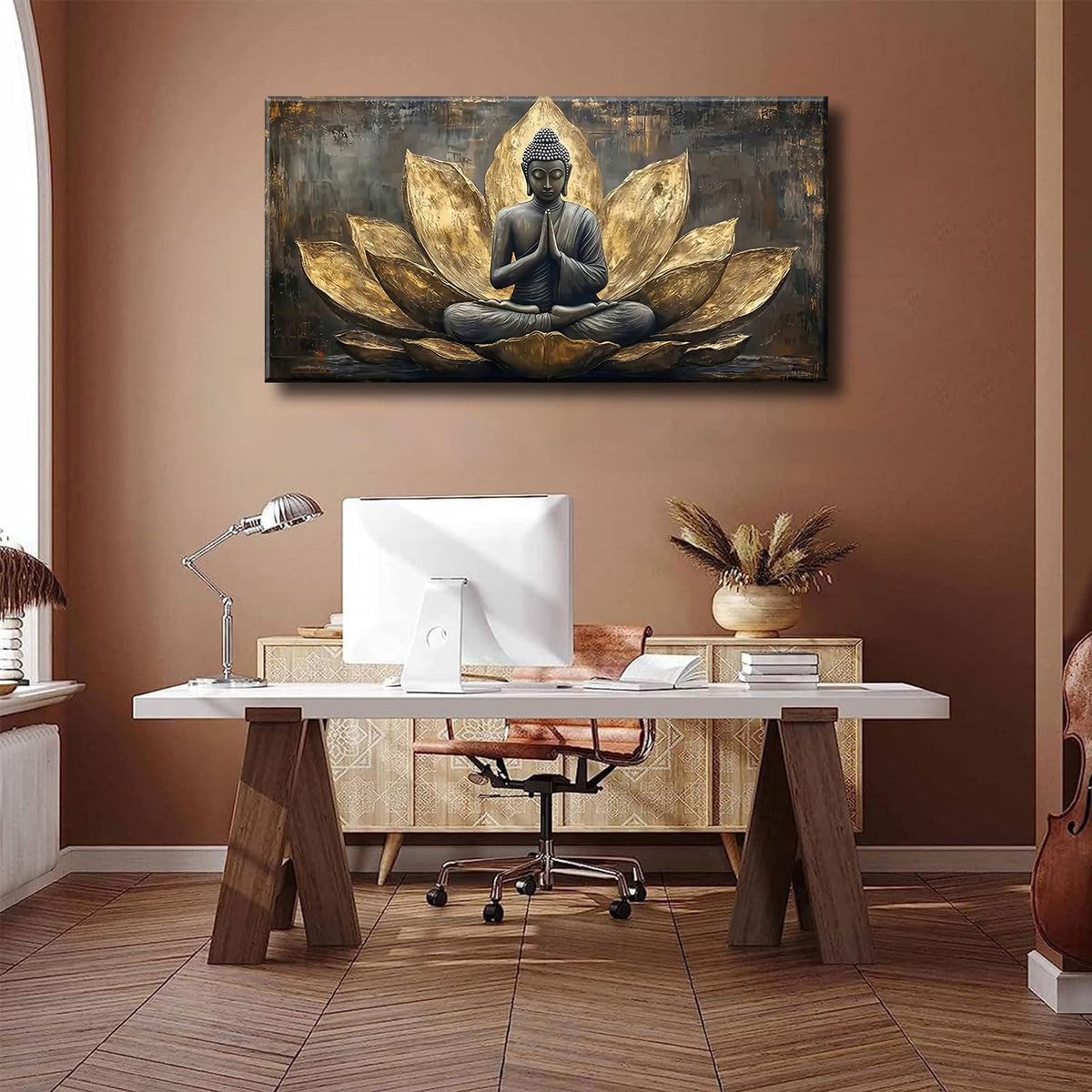 Large Buddha Lotus Canvas Wall Art Abstract Gold and Grey Zen Buddhism Decor painting Pictures Modern Serene Meditation Posters Prints for living room Bedroom Office Hallway Home Decoration (gold / 48"L x 24"W)