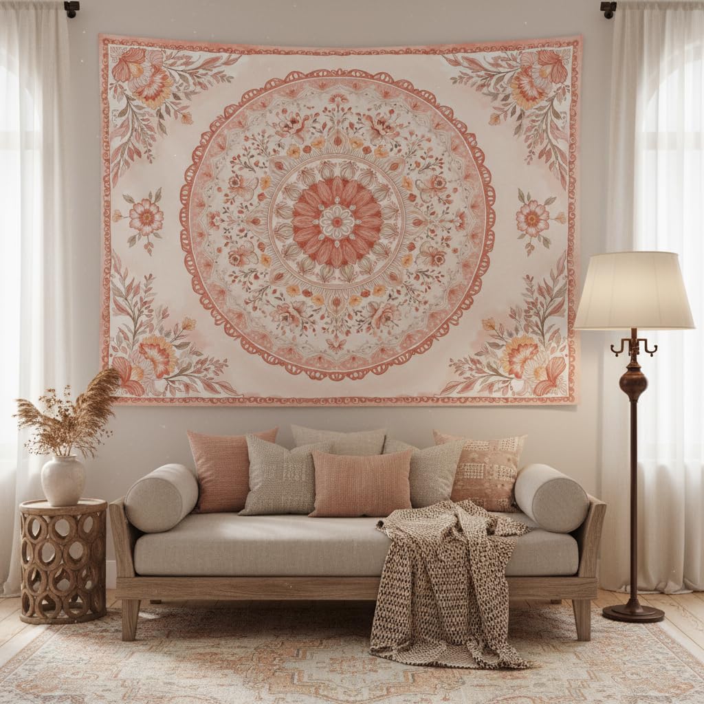 Pink Mandala Tapestry Wall Hanging Boho Floral Tapestry Aesthetic Watercolor Flower Medallion Cute Small Tapestries for Bedroom Living Room Dorm Decor 60 x 44 Inch (Bohemian / Peach Pink / 60"L x 44"W)