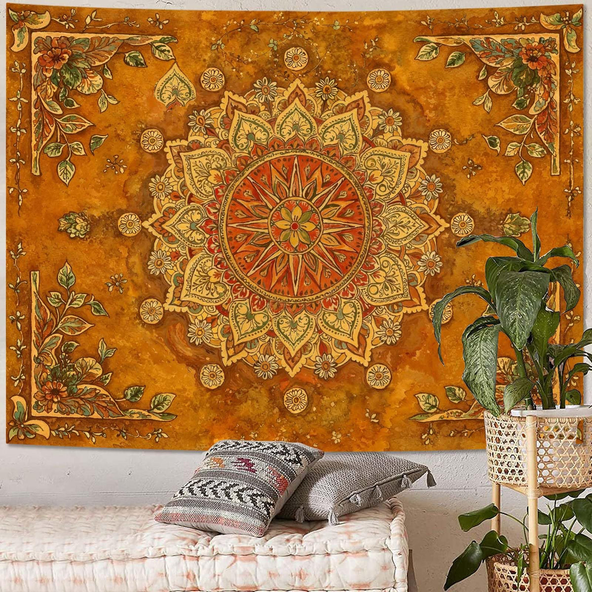 Floral Mandala Tapestry Boho Tapestry for Bedroom Brown Tapestries Wall Hanging Living Room Wall Art and Home Decor 70x90 (90"L x 70"W / Orange Brown)