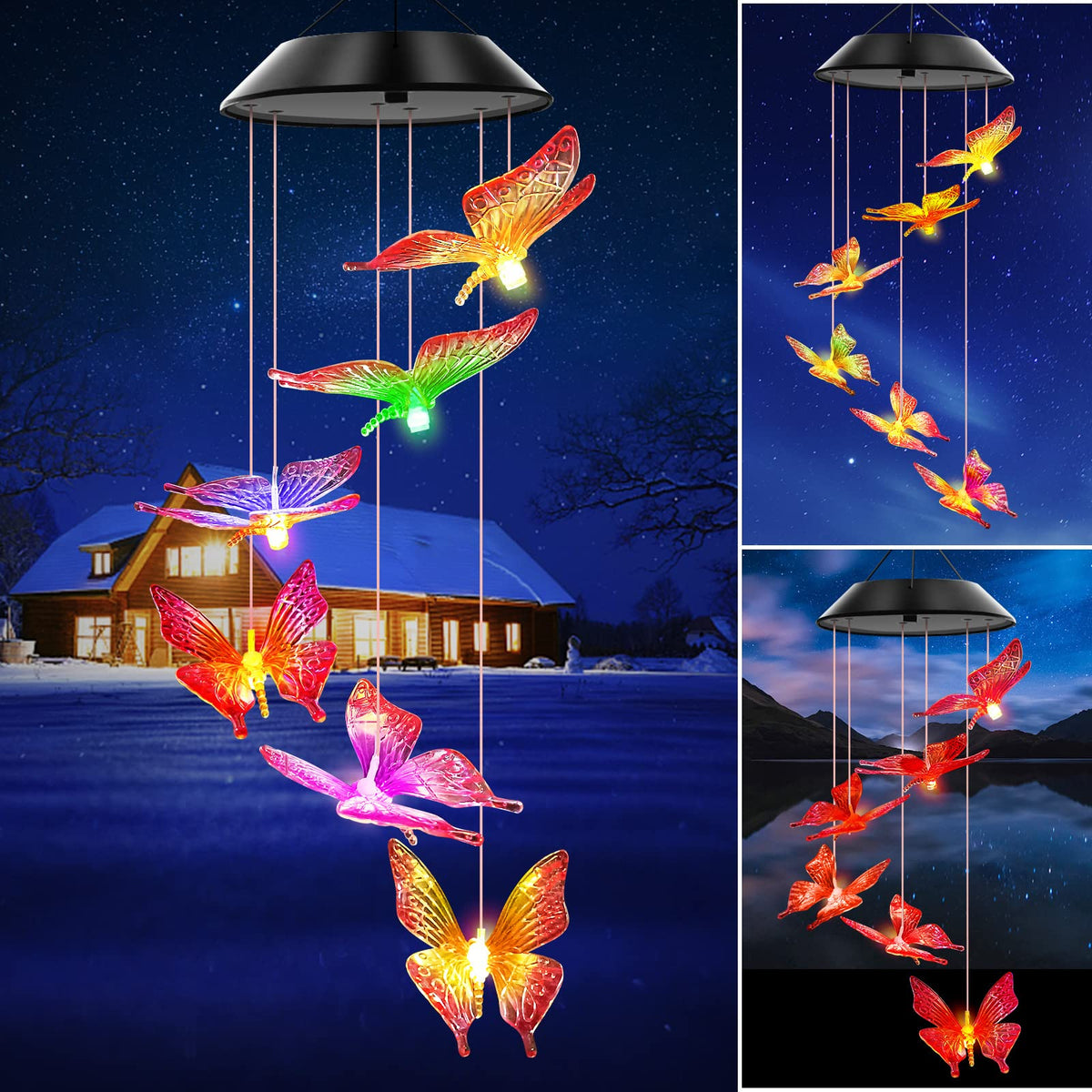 Purple Butterfly Solar Wind Chimes Color Changing Lights Outdoor