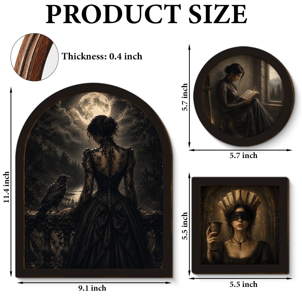 3 Pcs Gothic Raven Woman Wall Art Sign Framed Moonlit Victorian Decor (Dark-01)