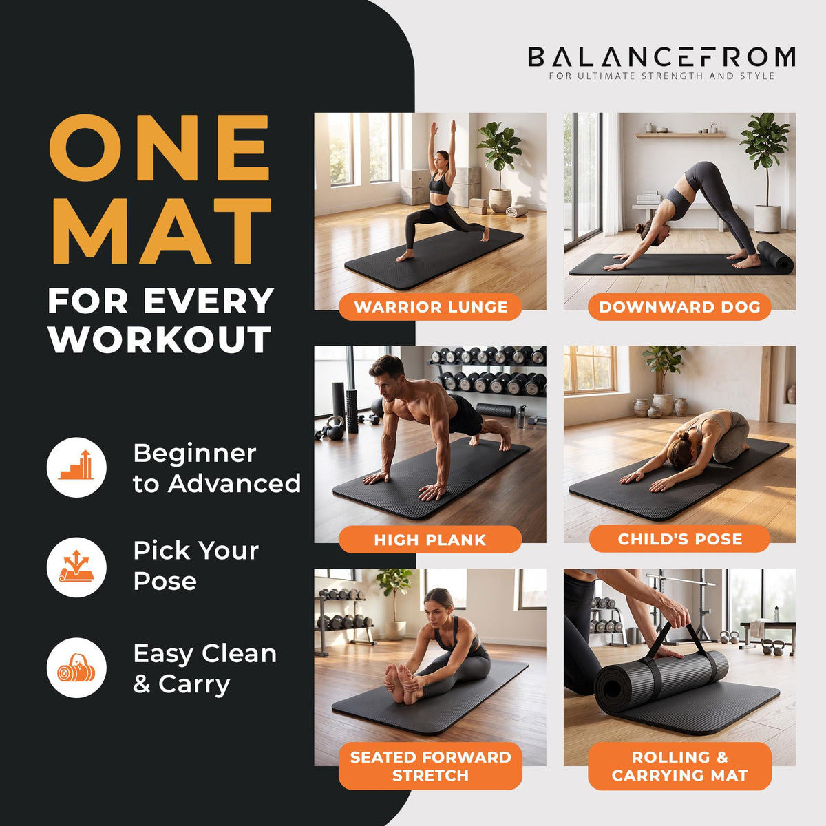 1 inch Thick 71x24 Inches Extra Thick Exercise Yoga Mat (Black)