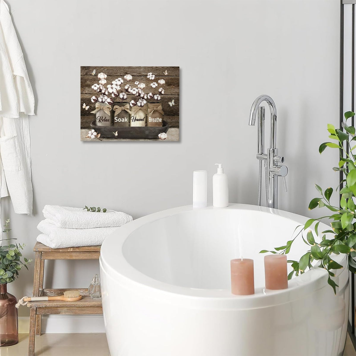 Farmhouse Bathroom Decor Wall Art (white, brown / 16"L x 12"W)