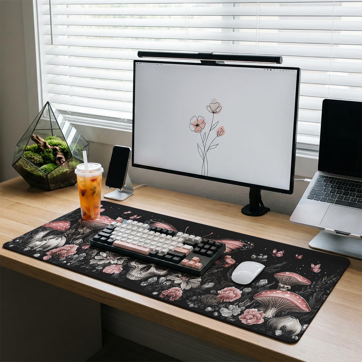 Gothic Skull Large Gaming Mouse Pad Pink Butterfly Mushroom Dark Floral Desk Mat (Gothic Skull / 35.4L x 15.7W inches)