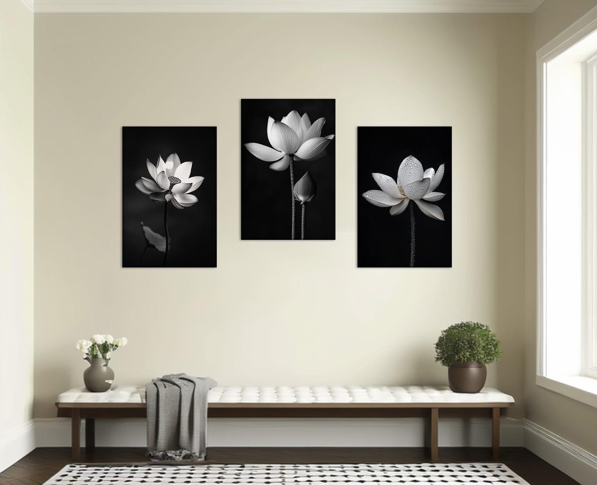 Large Zen Canvas Wall Art 3Pcs Lotus Picture Black and White Painting Meditation Spiritual Prints Zen Artwork for Living Room Bathroom Home Office Wall Decor Framed (Zen-10 / 24.00"x36.00"x3P)