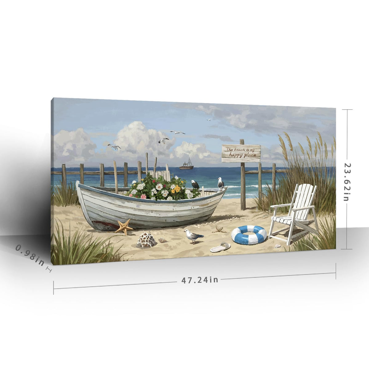 Seaside Wall Art Coastal Landscape Print For Living Room 48X24 In (Blue Seaside Boat Wall Art / 48"L x 24"W)