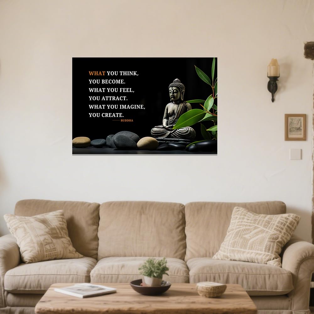 Buddhist Motivational Quotes Wall Art Canvas Prints Buddha Lotus Painting Zen Bathroom Pictures for Office Home Spa Yoga Room Wall Decor Framed (Black / 12" x 18")