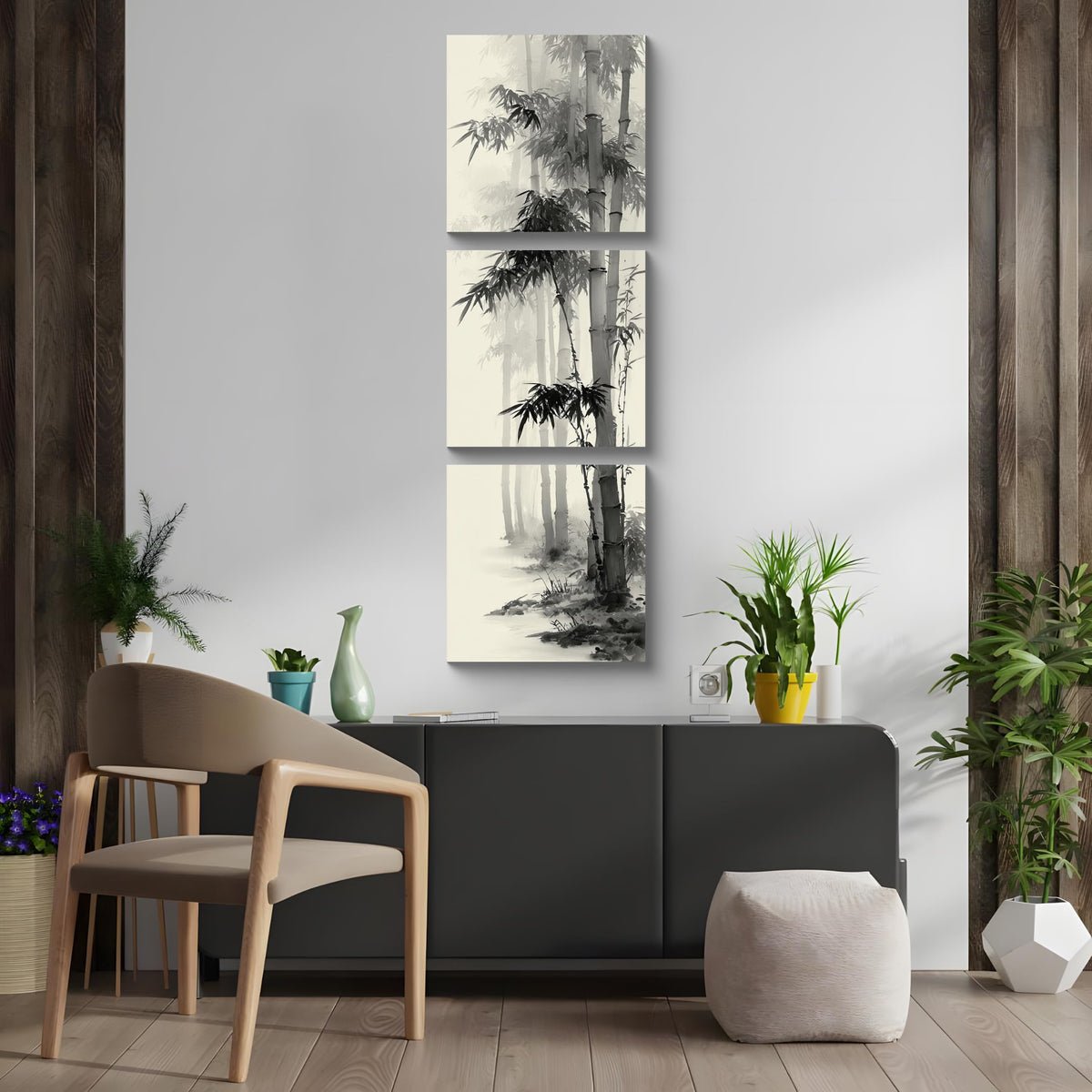 3PCS Vertical Black and White Bamboo Wall Art Asian Ink Painting Style Canvas Print Traditional Chinese Zen Minimalist Artwork Oriental Nature Forest Decor for Living Room Bedroom Meditation (Black and White Bamboo / 12x12 inches (3 pieces))
