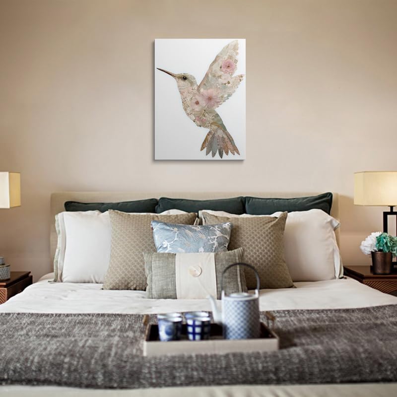 Romantic Hummingbird Art Vintage Style Framed Collage Wall Decor Made from Floral Illustrations & Lace in Soft Pink Cream Sage Green Tones Nature Themed Artwork for Living Room 16x24 Inches (Hummingbird / 24"L x 16"W)