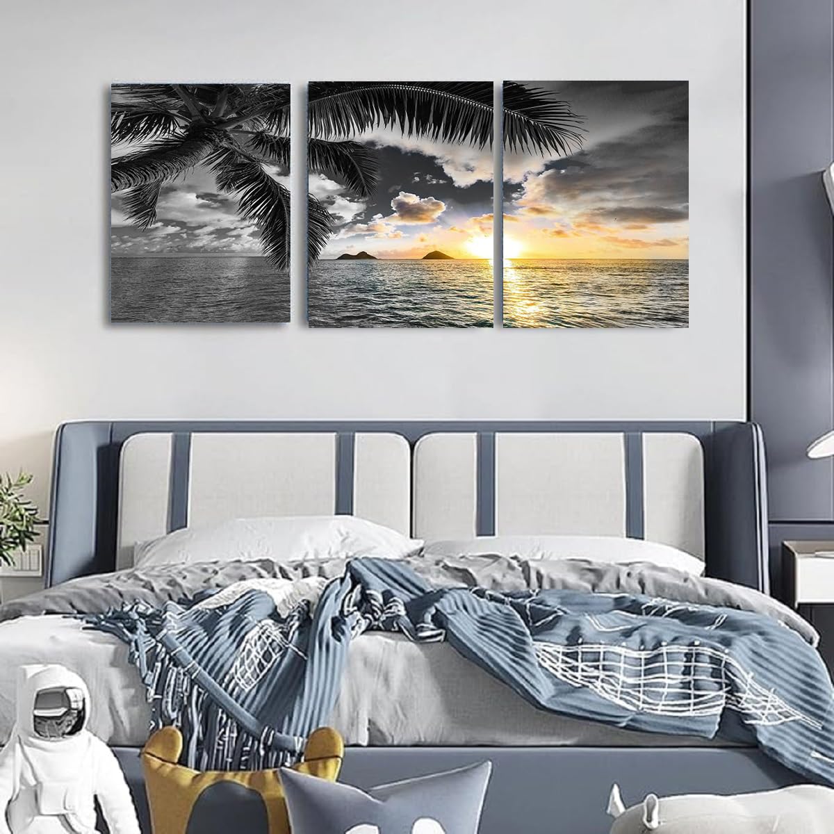 Sunset Beach Canvas Wall Art Bathroom Black and White Coastal Wall Decor Ocean Prints Art Seascape Pictures Palm Painting Artwork for Living Room Bedroom Decor Office Home Decoration (BAbesH3 / 16"x24"inches x 3 pcs)