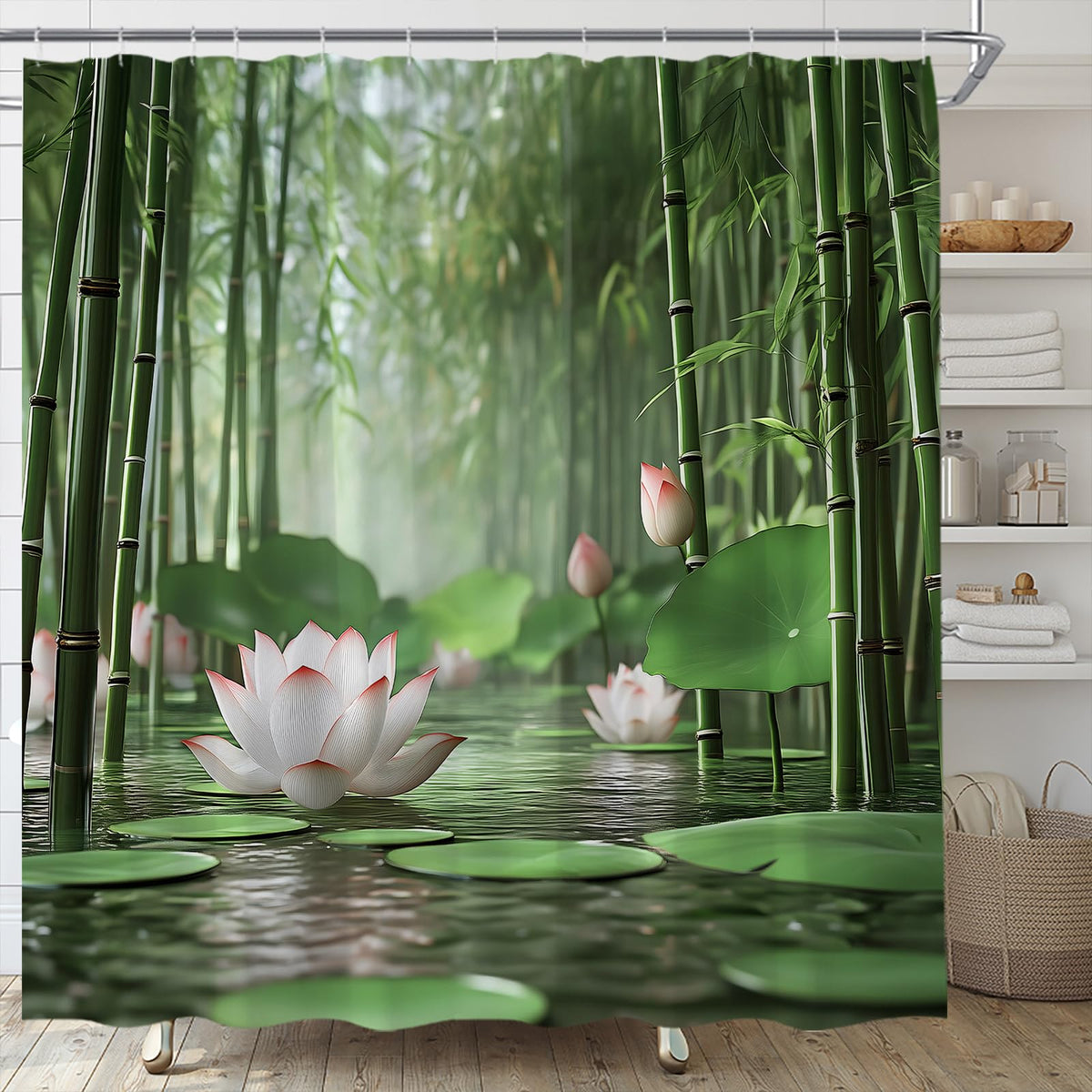 Zen Bamboo Forest Shower Curtain Lotus Asian Oriental Pond Relax (Green / 70"W x 70"L (Pack of 1))