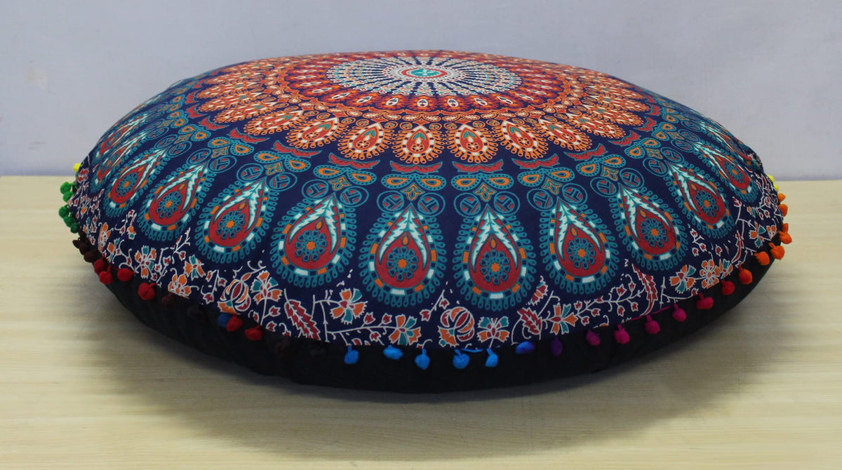 32" in Round Mandala Floor Pillow Cushion Cover Seating Throw Cover Hippie Decorative Bohemian Ottoman Poufs Pillow Cover Cases Boho Cotton Living Yoga Home Décor Room (Multi Peacock)